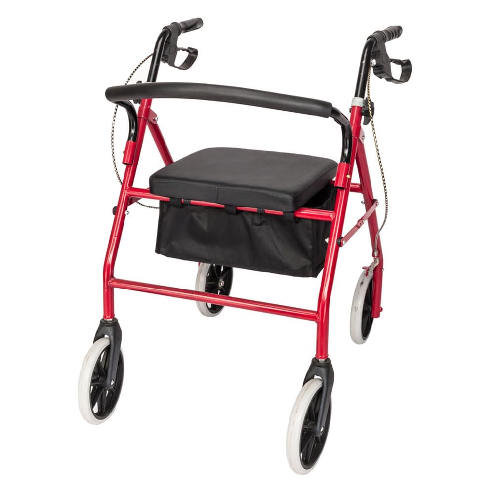 Lightweight Foldable Steel Rollator Walker with Seat, 8" Wheels, Red I425244