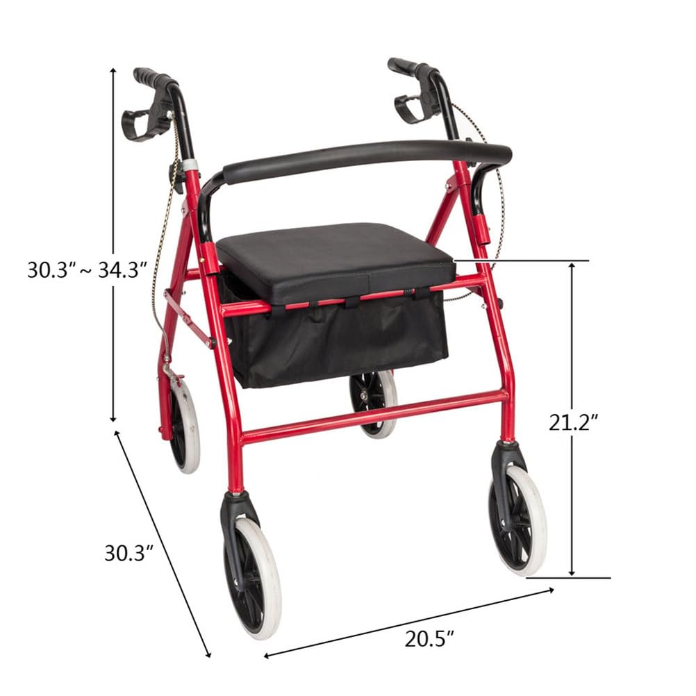 Lightweight Foldable Steel Rollator Walker with Seat, 8" Wheels, Red I425244