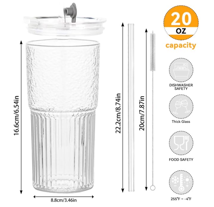 20 oz Glass Tumbler with Lid and Straw V571