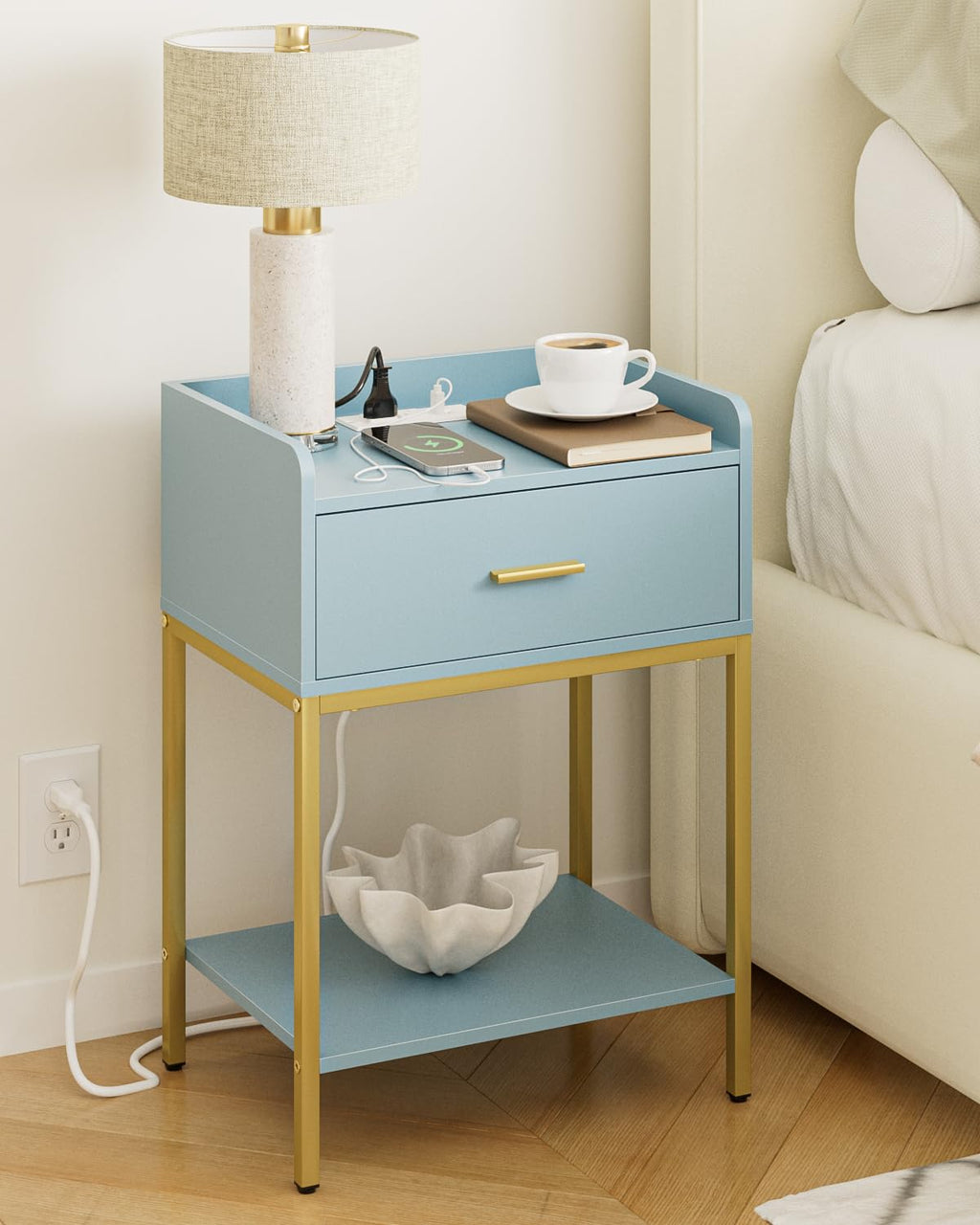 Gold and Blue 3-Tier Nightstand with Charging Station T837