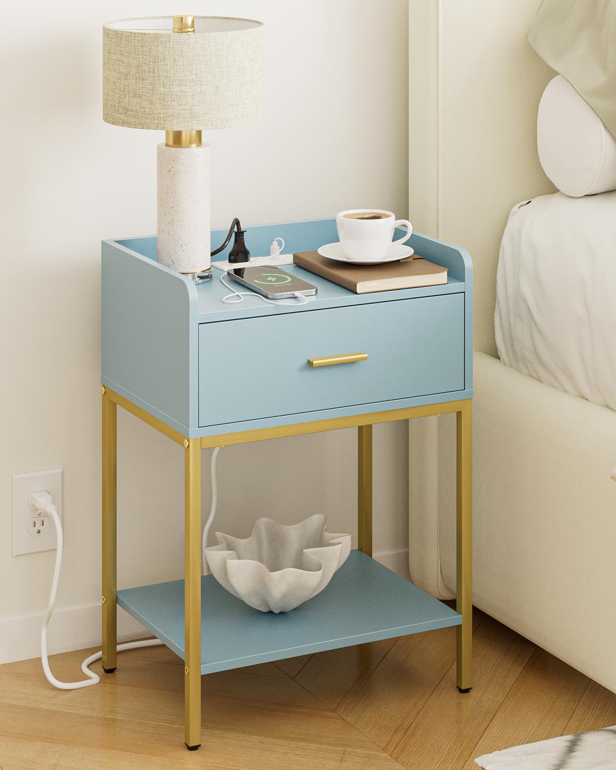 Gold and Blue 3-Tier Nightstand with Charging Station T837