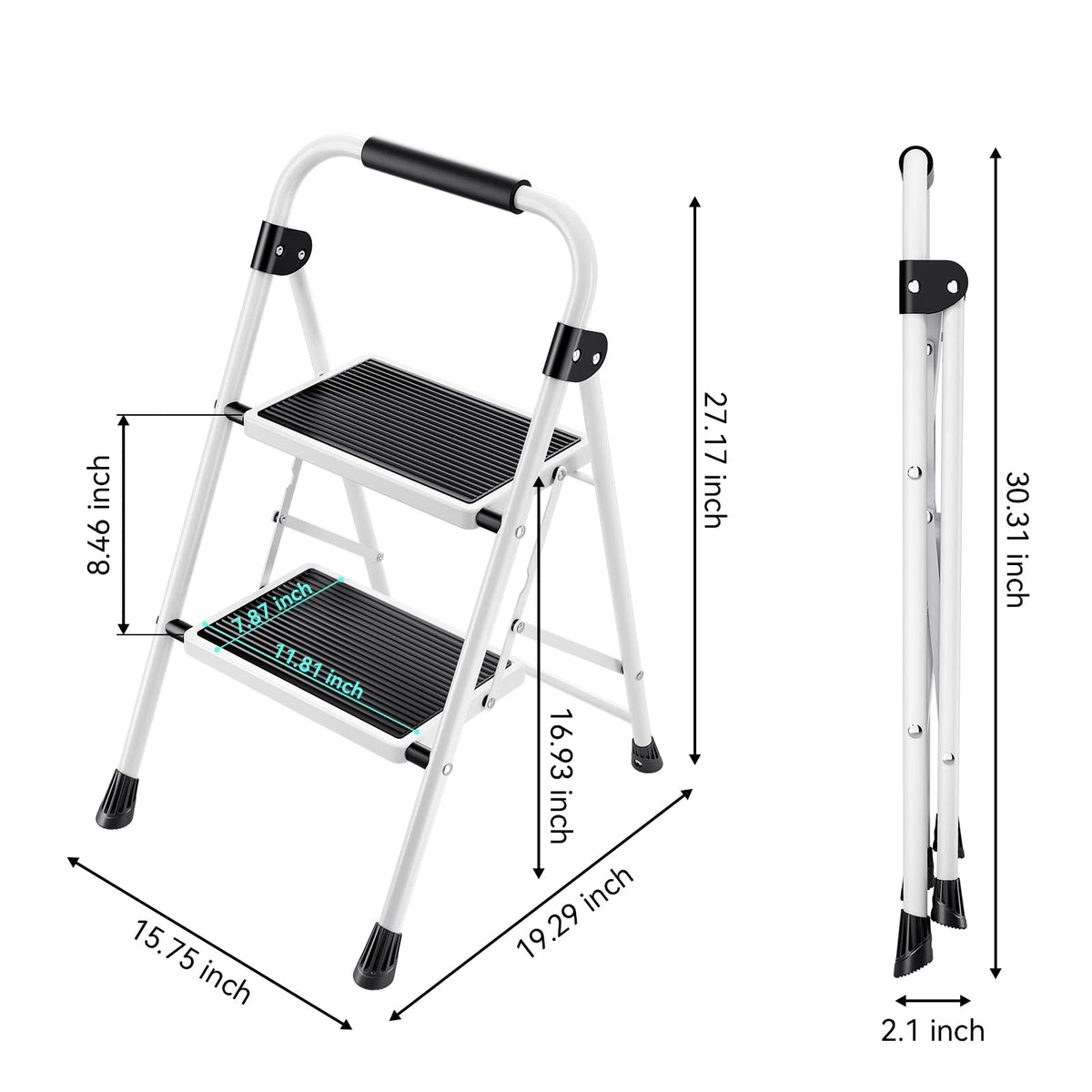 2 Step Folding Step Stool with Handrails White O201
