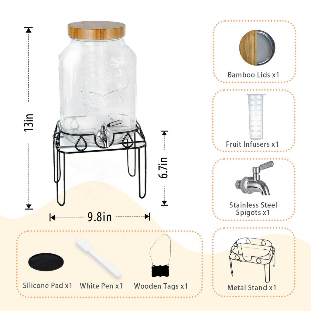 2 Gallon Glass Drink Dispenser with Stand and Bamboo Lid R170