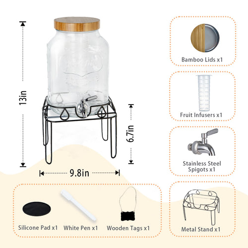 2 Gallon Glass Drink Dispenser with Stand and Bamboo Lid R170