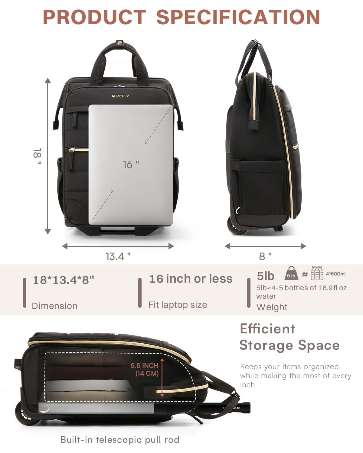 Black Rolling Puffer Backpack with Wheels F3422