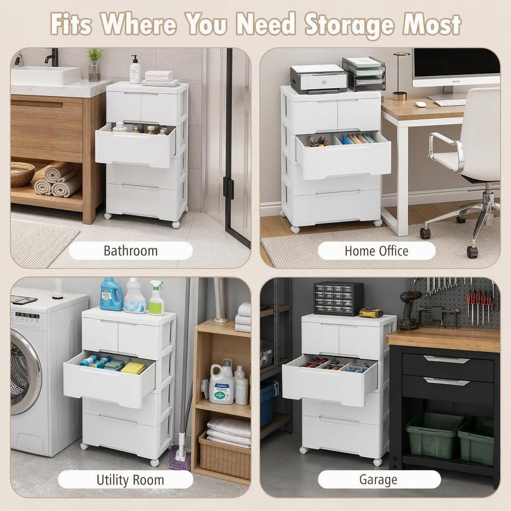 4-Tier Plastic Drawers with Wheels X1551