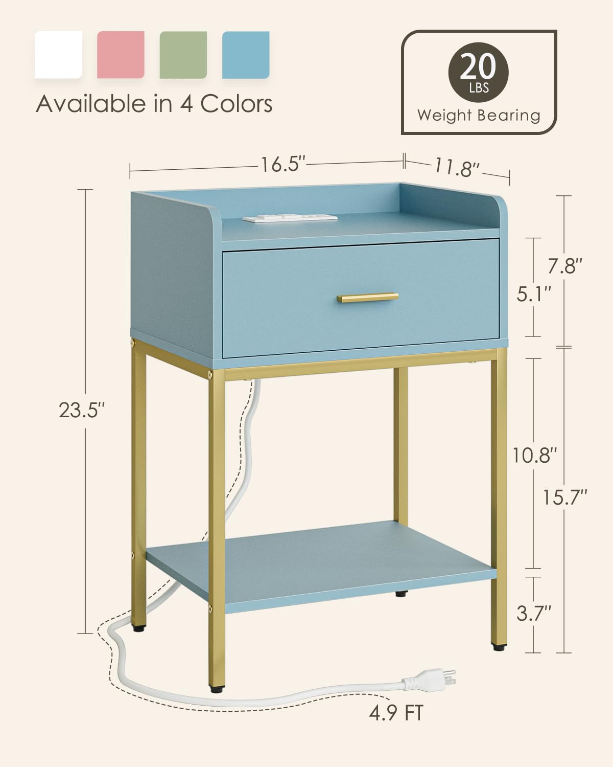 Gold and Blue 3-Tier Nightstand with Charging Station T837