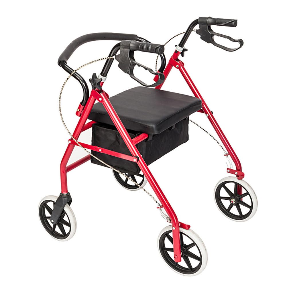 Lightweight Foldable Steel Rollator Walker with Seat, 8" Wheels, Red I425244