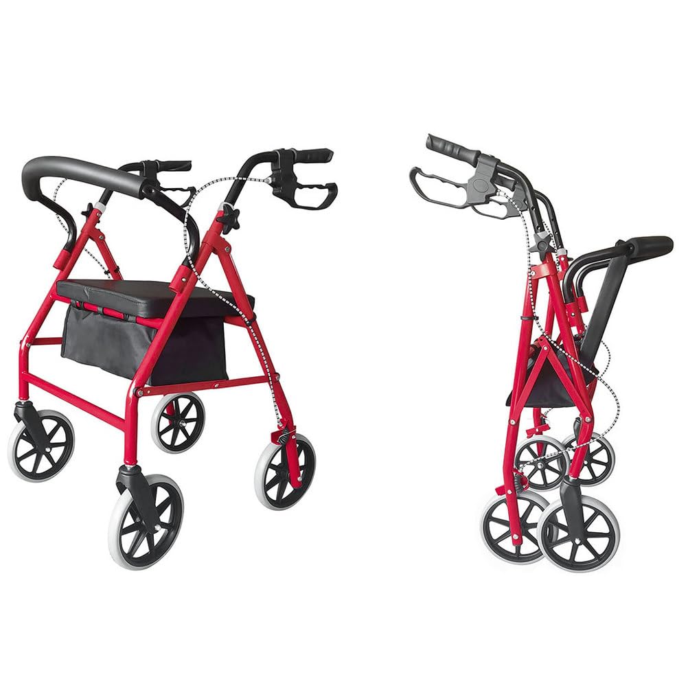 Lightweight Foldable Steel Rollator Walker with Seat, 8" Wheels, Red I425244