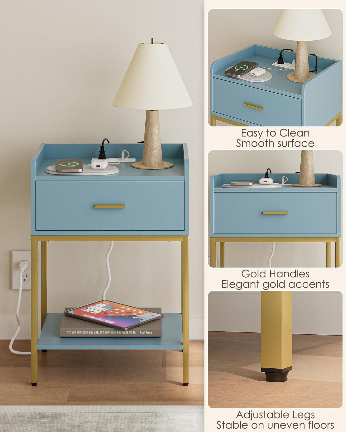 Gold and Blue 3-Tier Nightstand with Charging Station T837