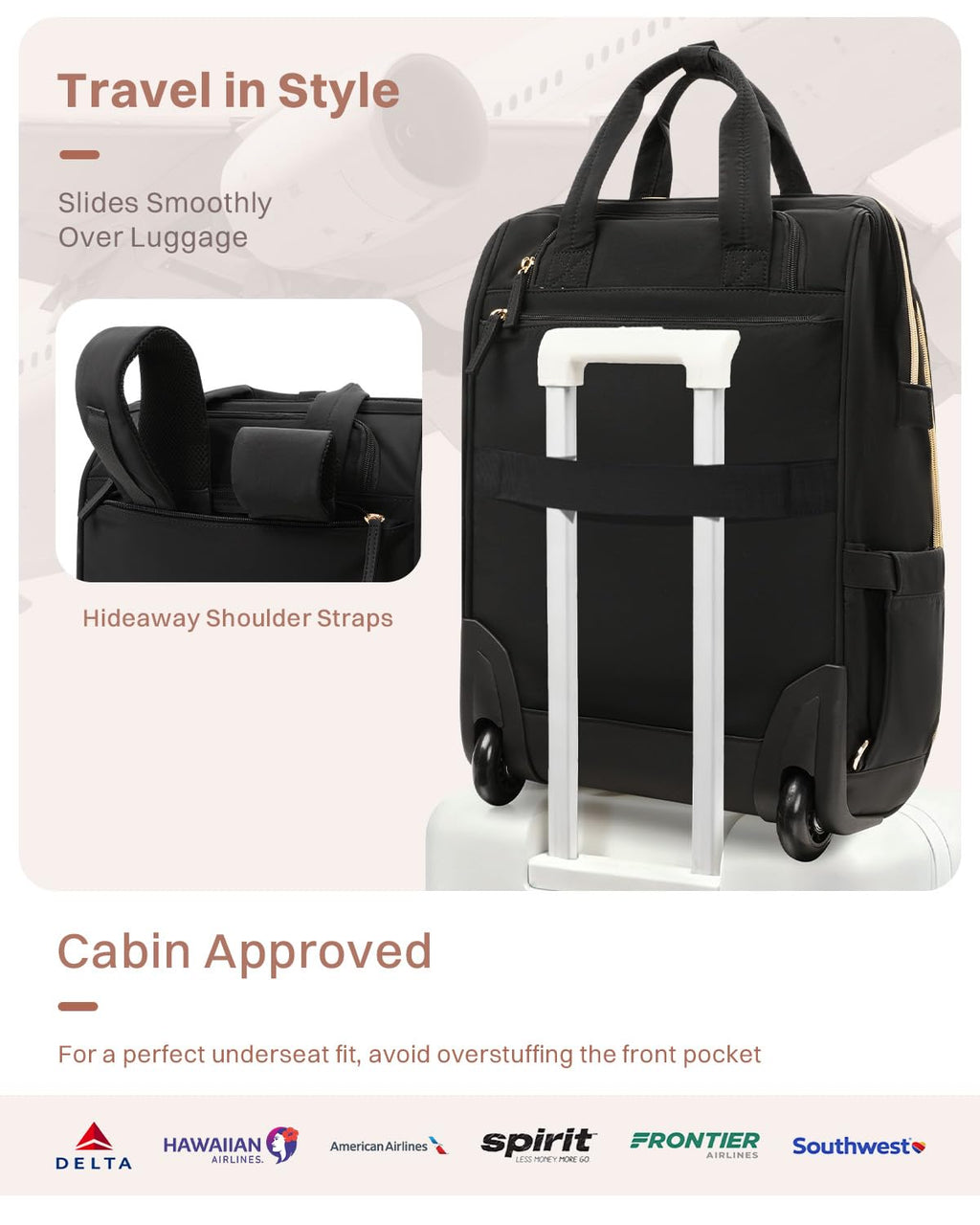 Black Rolling Puffer Backpack with Wheels F3422