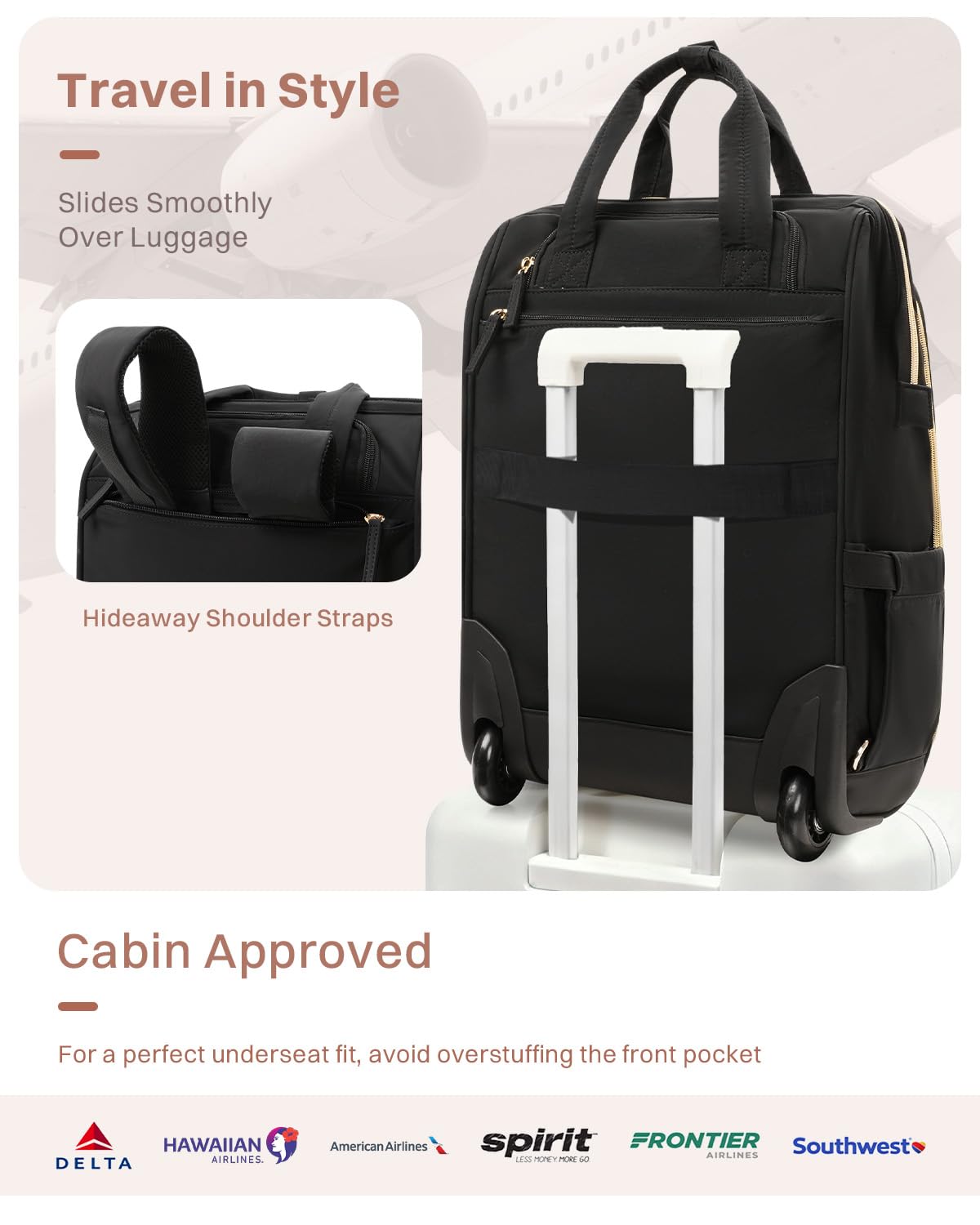 Black Rolling Puffer Backpack with Wheels F3422
