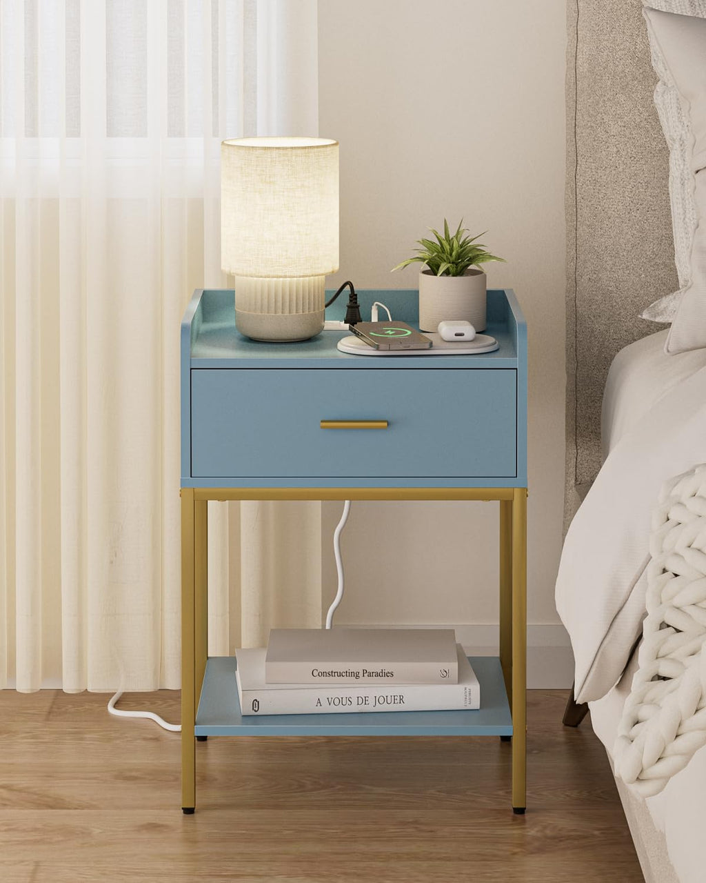 Gold and Blue 3-Tier Nightstand with Charging Station T837