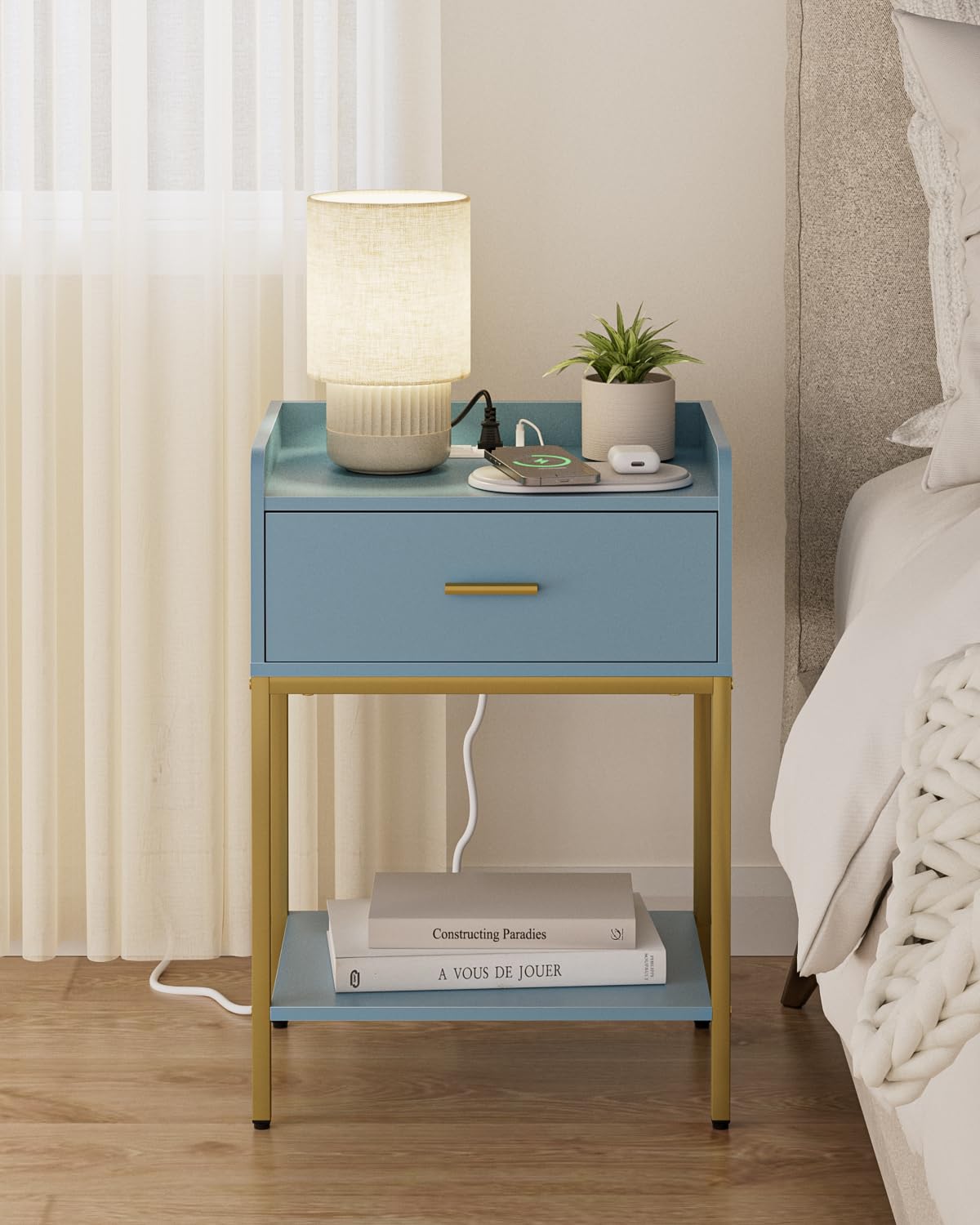 Gold and Blue 3-Tier Nightstand with Charging Station T837