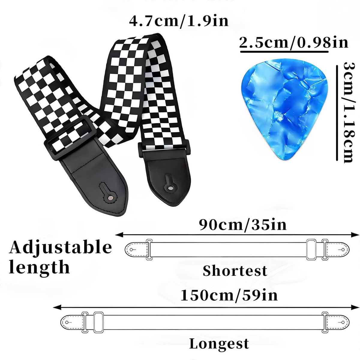 Black White Grid Guitar Strap with 3 Picks B38083