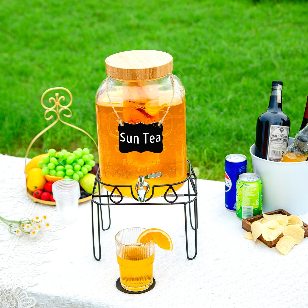 2 Gallon Glass Drink Dispenser with Stand and Bamboo Lid R170