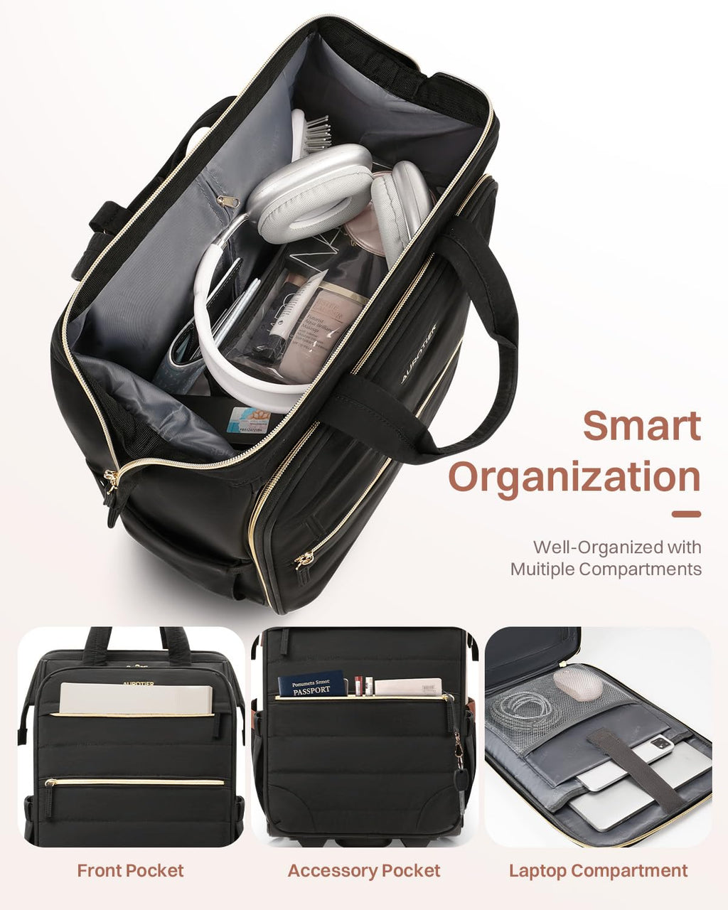 Black Rolling Puffer Backpack with Wheels F3422
