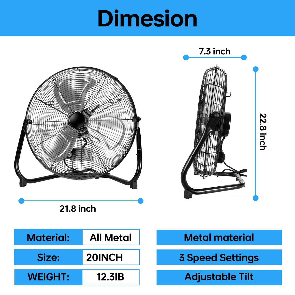 20 Inch Heavy Duty High Velocity Metal Floor Fan N7694