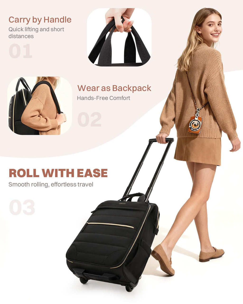 Black Rolling Puffer Backpack with Wheels F3422