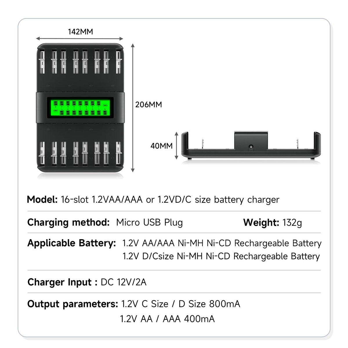 16 Pack Rechargeable AA Batteries with Charger L4877