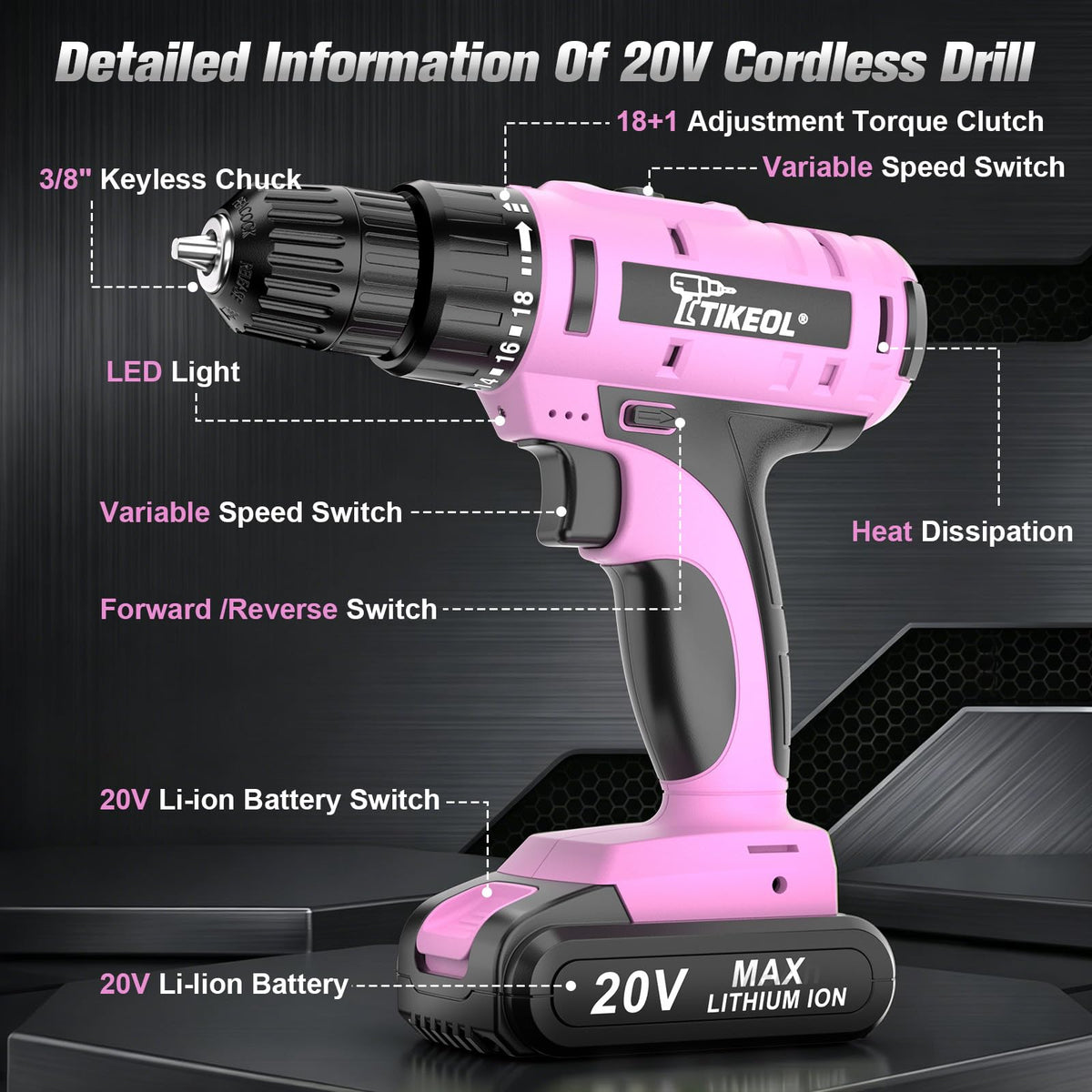 20V Cordless Pink Drill Set with Battery & Charger F265