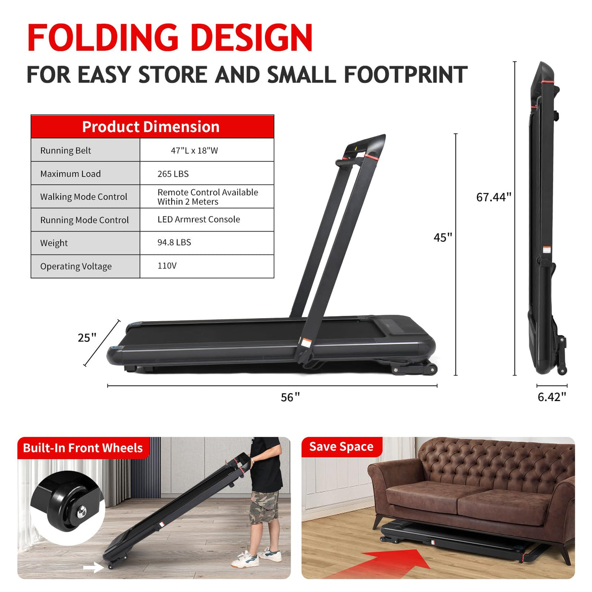 Foldable Treadmill with 18" Wide Running Belt E93756