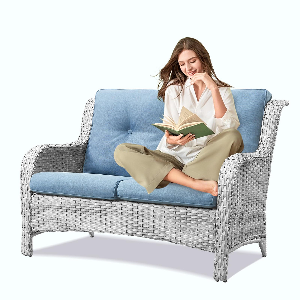 Light Gray Wicker Rattan Outdoor Loveseat Bench V888