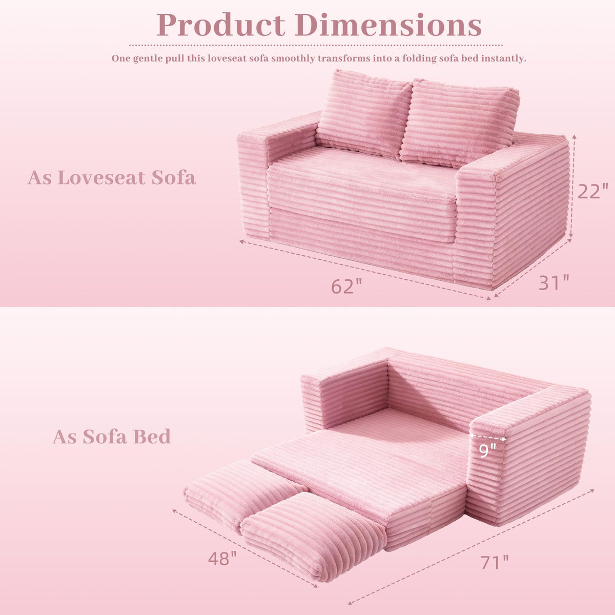 62" Pink Convertible Folding Sofa Bed E905092