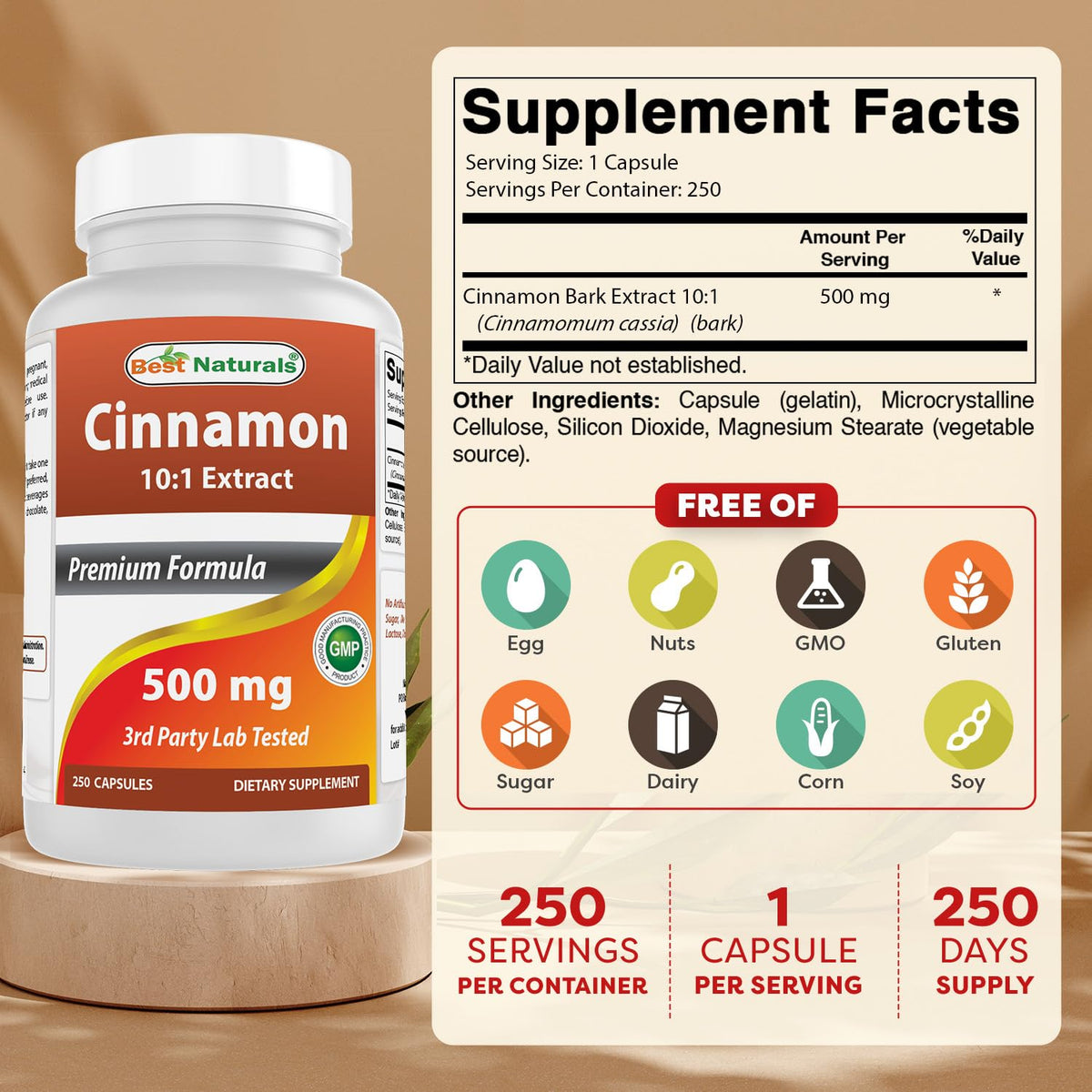 Cinnamon 500 mg 250 Capsules B35362