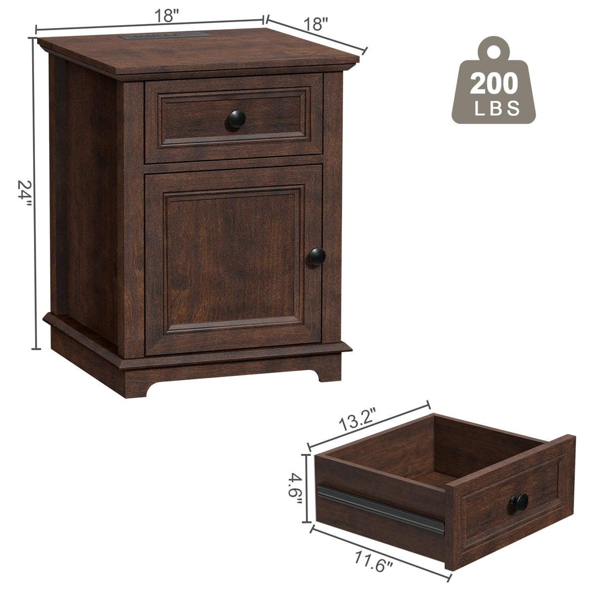 24" Tall End Table with Charging Station, Drawer & Storage Cabinet, Cherry X6522