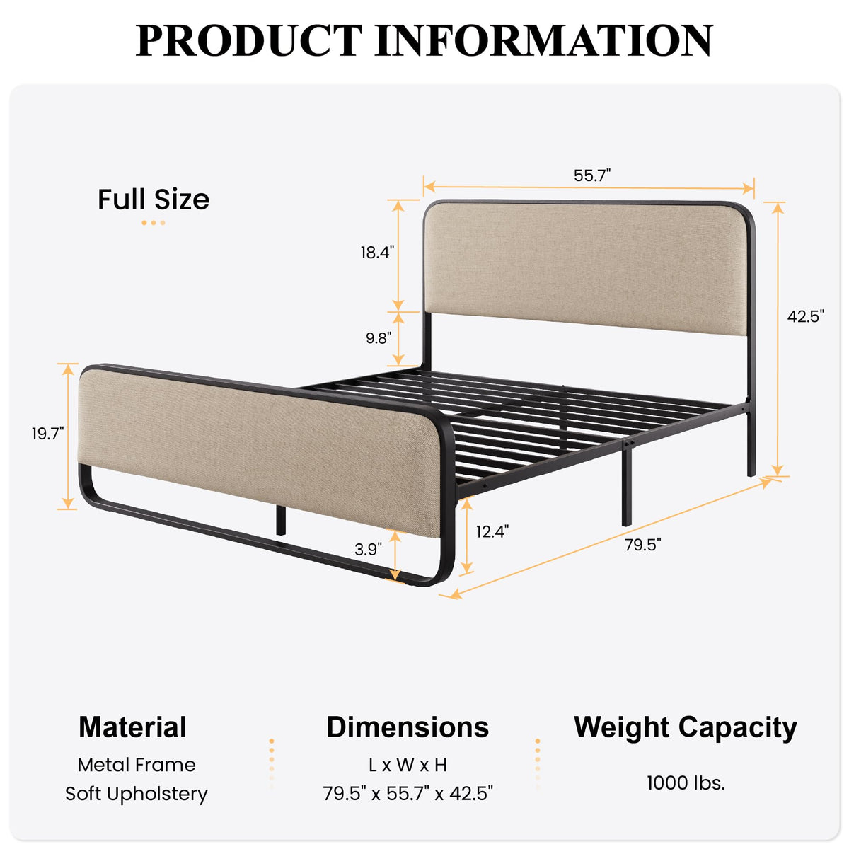 Full Size Metal Bed Frame with Upholstered Headboard K7942