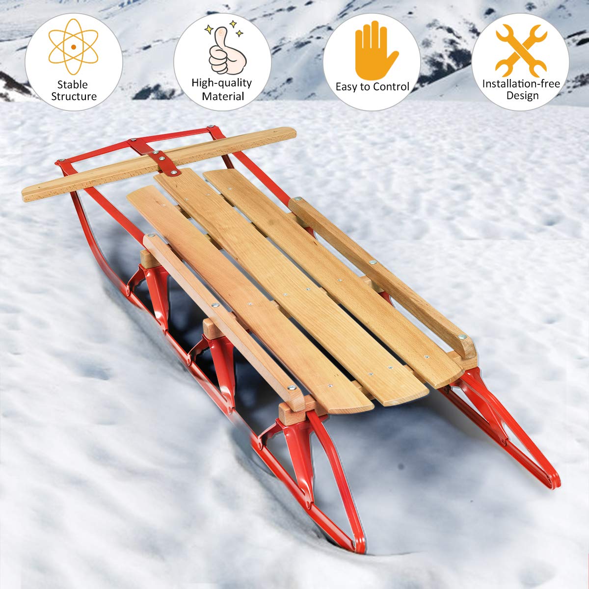 Wood Sled with Metal Runners and Steering Bar S386430