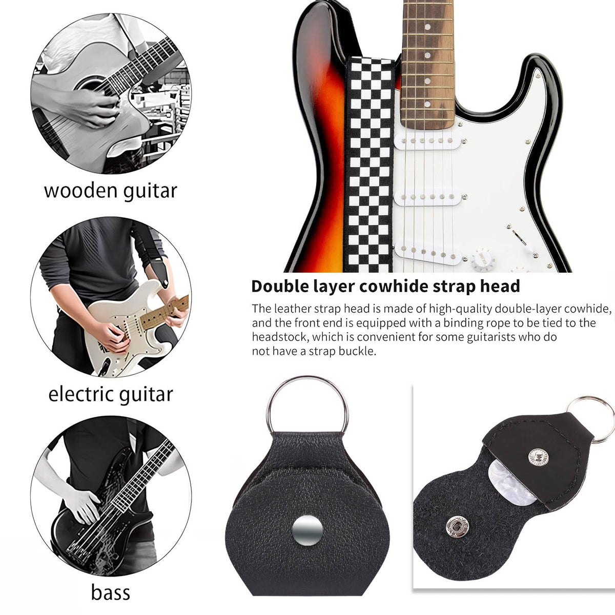 Black White Grid Guitar Strap with 3 Picks B38083