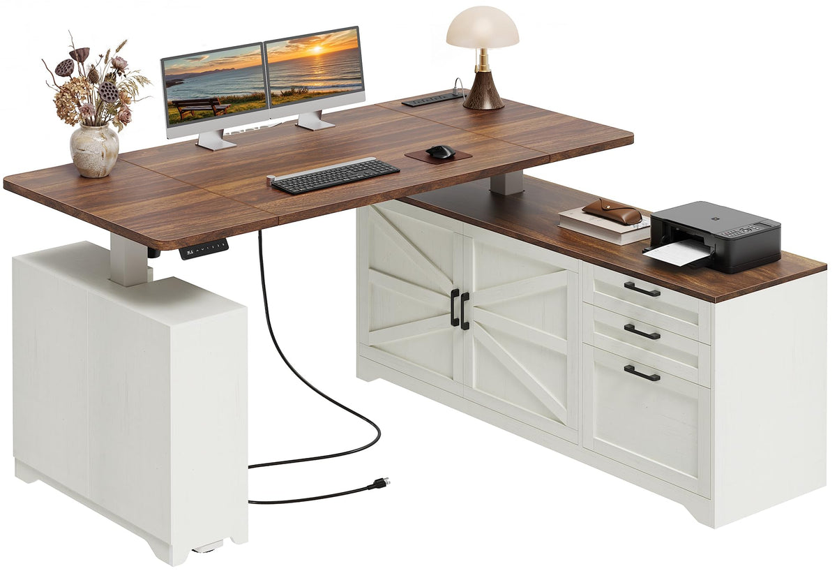 55'' L Shaped Standing Desk with Outlets and Drawers N9638