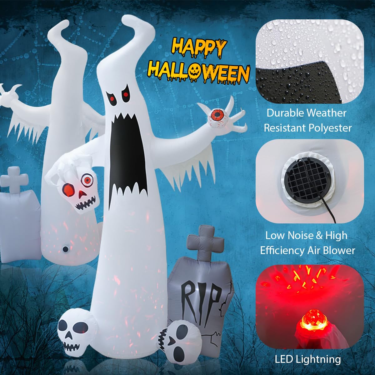 12 FT Halloween Inflatables Ghost with 3 Skulls G5293