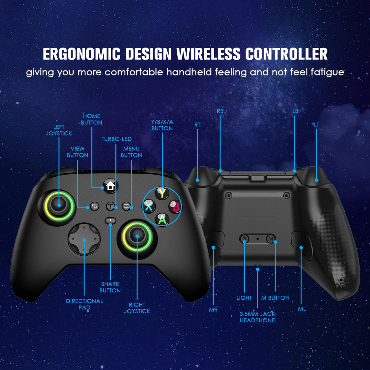 Wireless Controller with Hall Effect Joysticks, RGB Light, Dual Vibration, TURBO Z8399