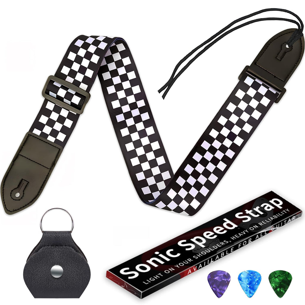 Black White Grid Guitar Strap with 3 Picks B38083