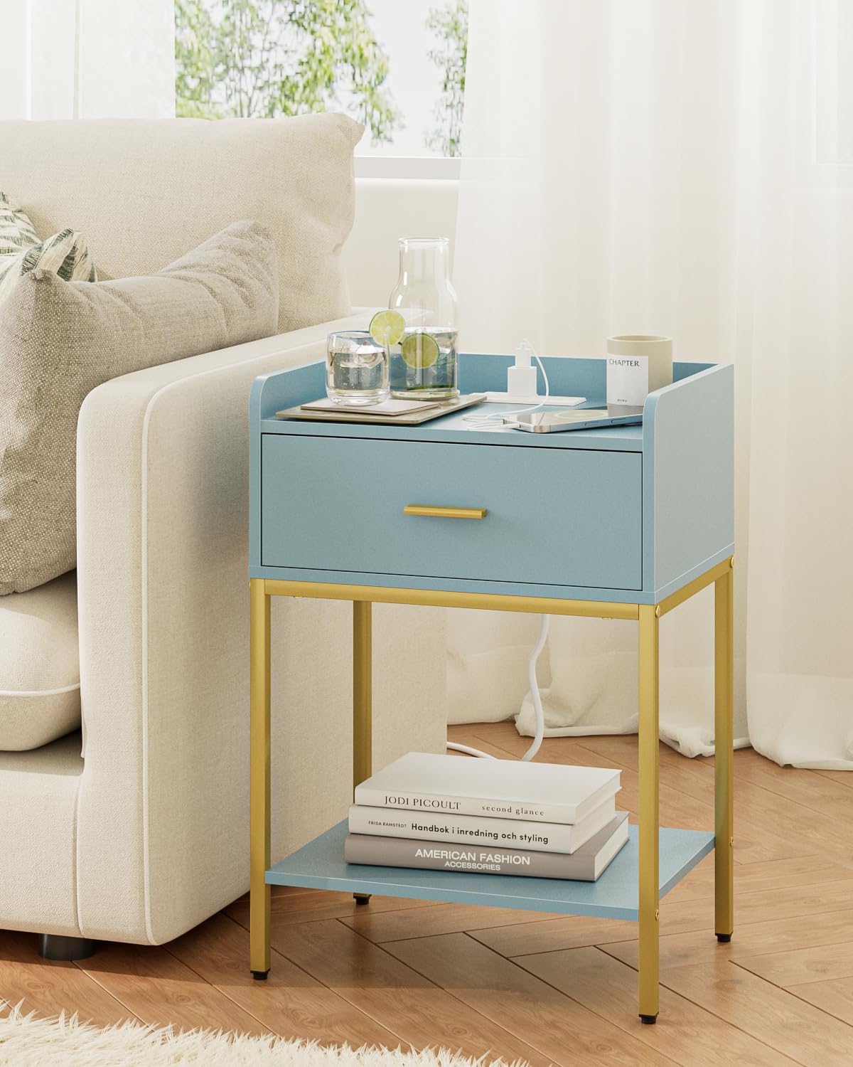 Gold and Blue 3-Tier Nightstand with Charging Station T837