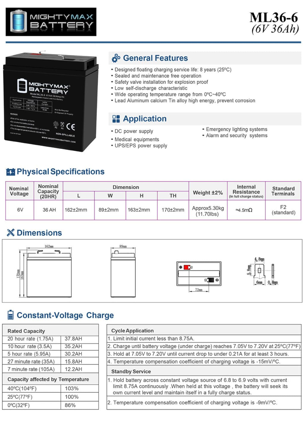 6V 36Ah AGM F2 Terminal Battery D80707