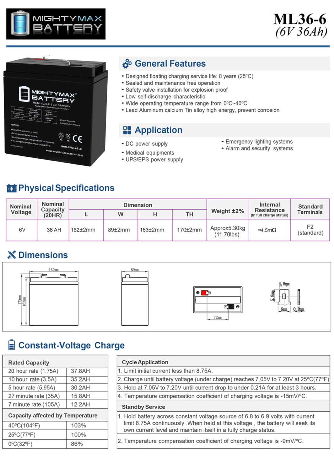 6V 36Ah AGM F2 Terminal Battery D80707