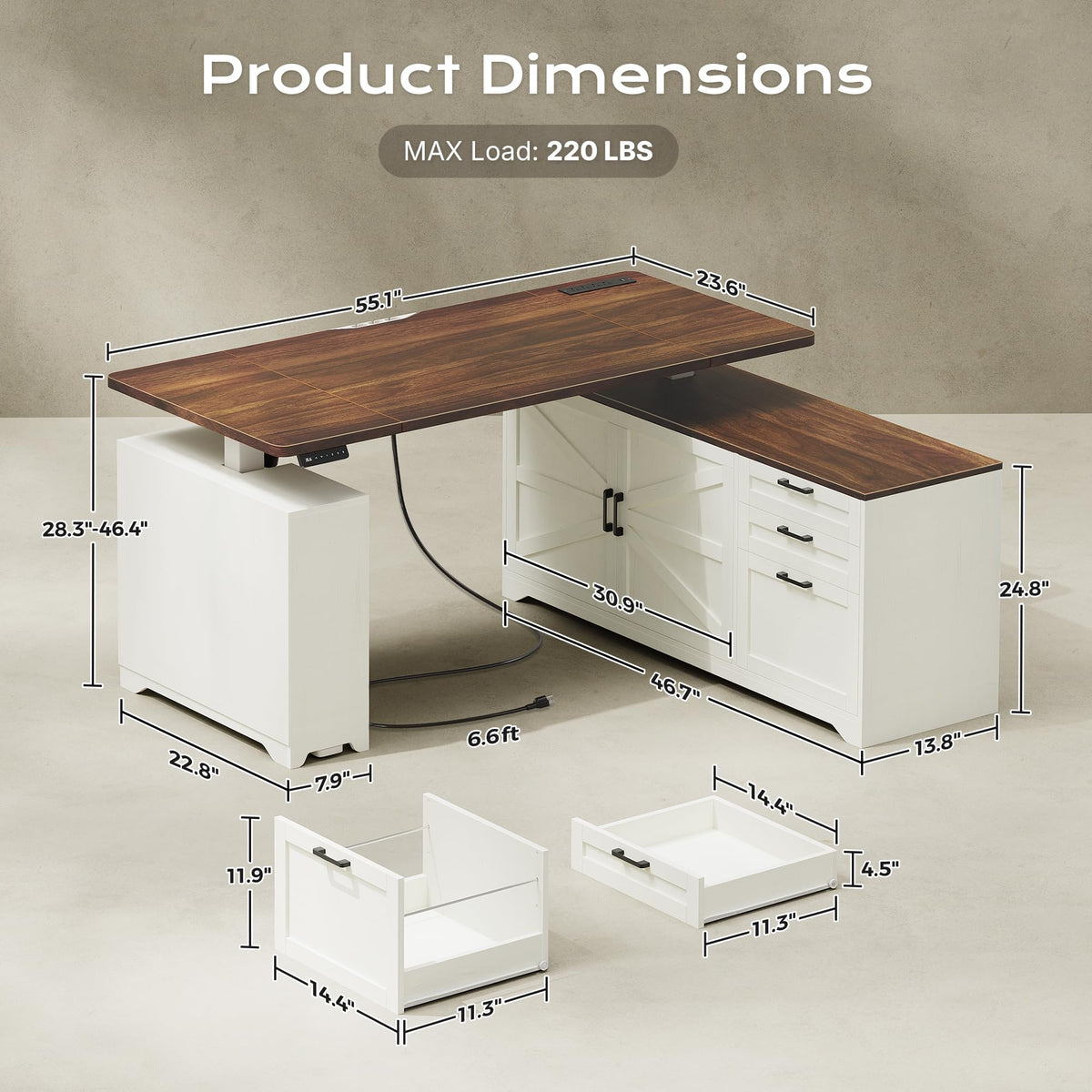 55'' L Shaped Standing Desk with Outlets and Drawers N9638