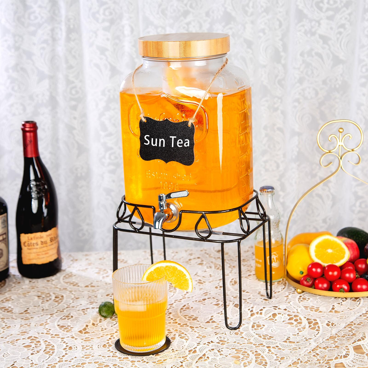 2 Gallon Glass Drink Dispenser with Stand and Bamboo Lid R170