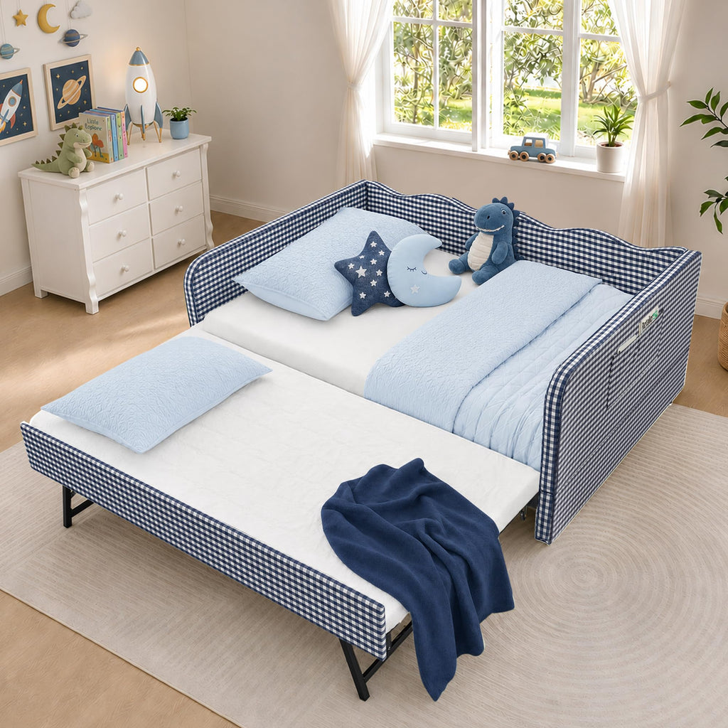 Blue Gingham Twin Daybed with Pop Up Trundle Q308359