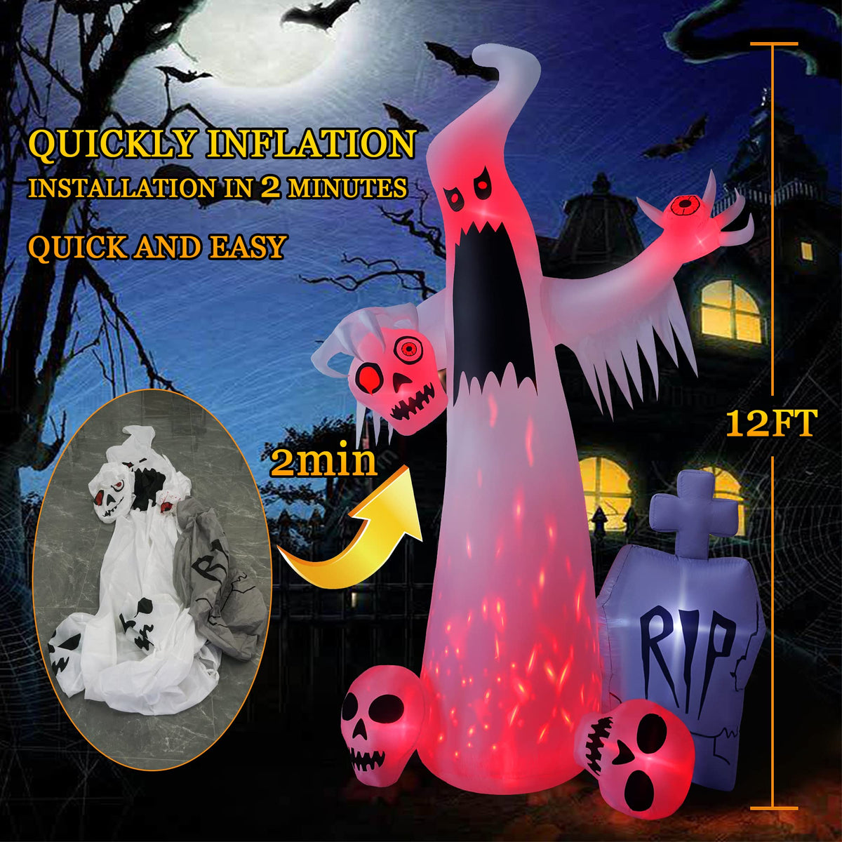 12 FT Halloween Inflatables Ghost with 3 Skulls G5293