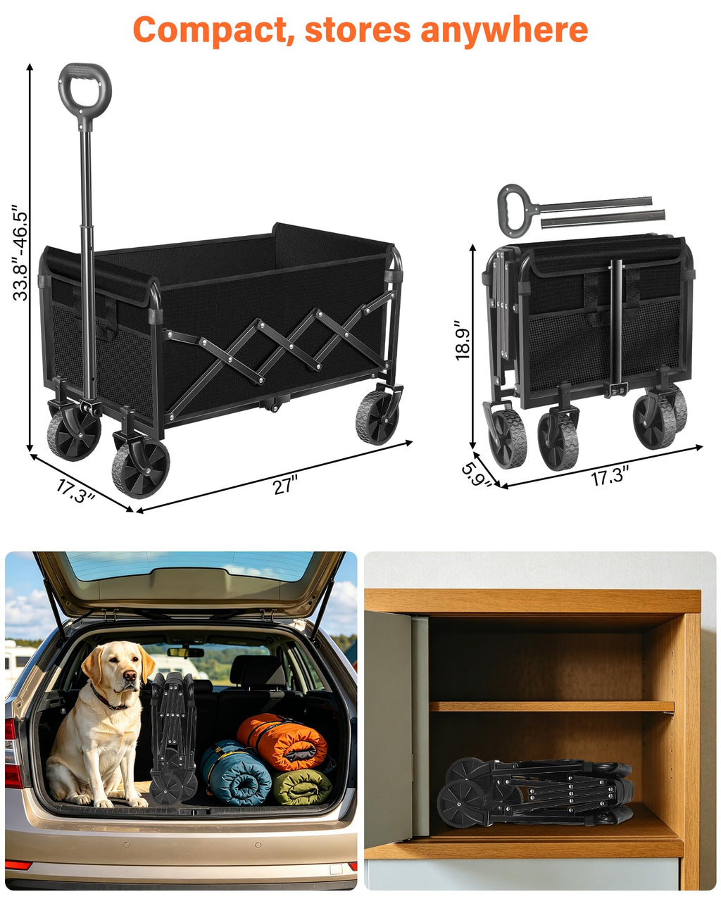 Foldable Wagon Cart with Wheels, 2 Cup Holders, Black Q3622