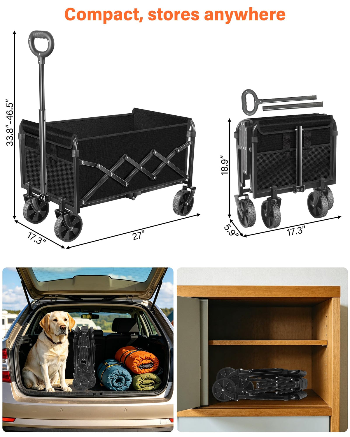 Foldable Wagon Cart with Wheels, 2 Cup Holders, Black Q3622