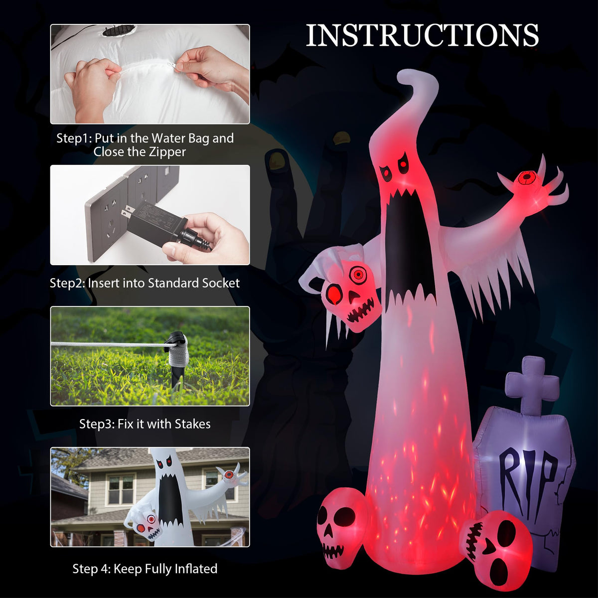 12 FT Halloween Inflatables Ghost with 3 Skulls G5293