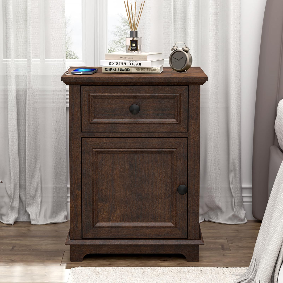 24" Tall End Table with Charging Station, Drawer & Storage Cabinet, Cherry X6522
