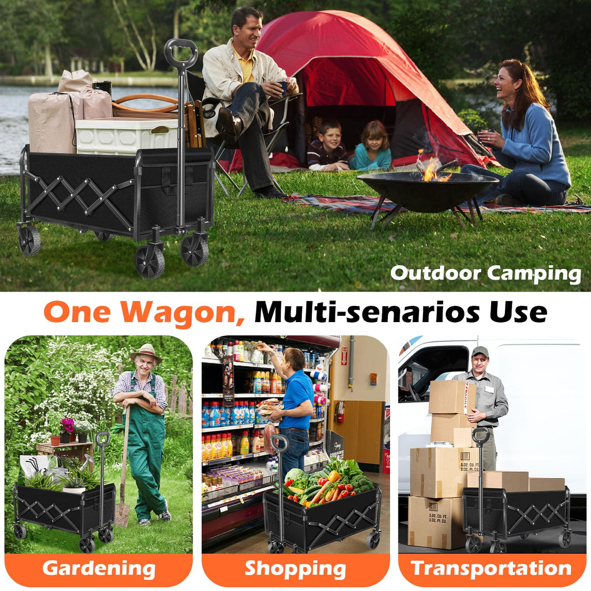 Foldable Wagon Cart with Wheels, 2 Cup Holders, Black Q3622