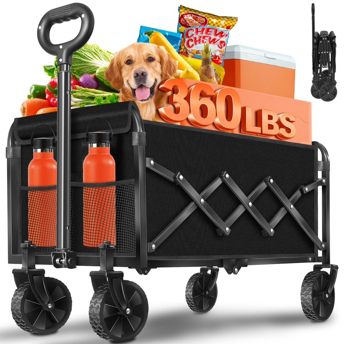 Foldable Wagon Cart with Wheels, 2 Cup Holders, Black Q3622